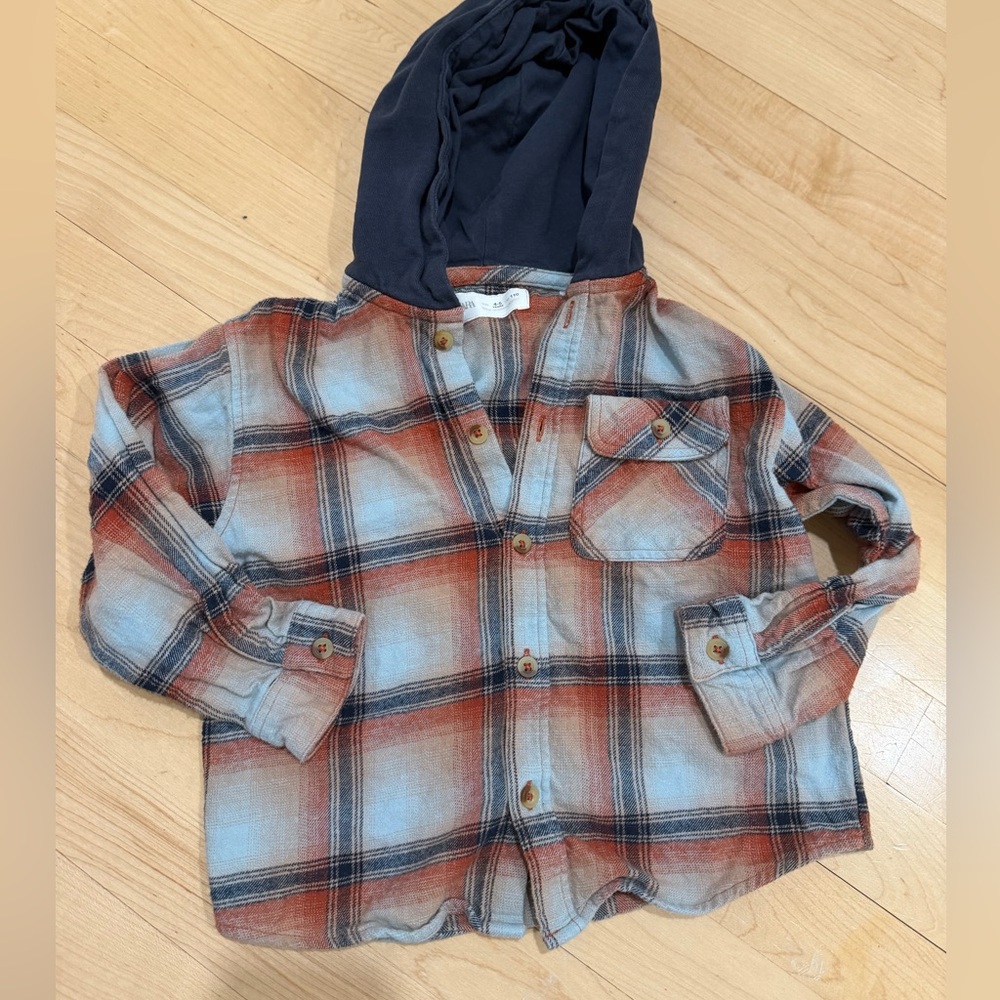Zara Kids Plaid Shirt with Hood - Red and Blue